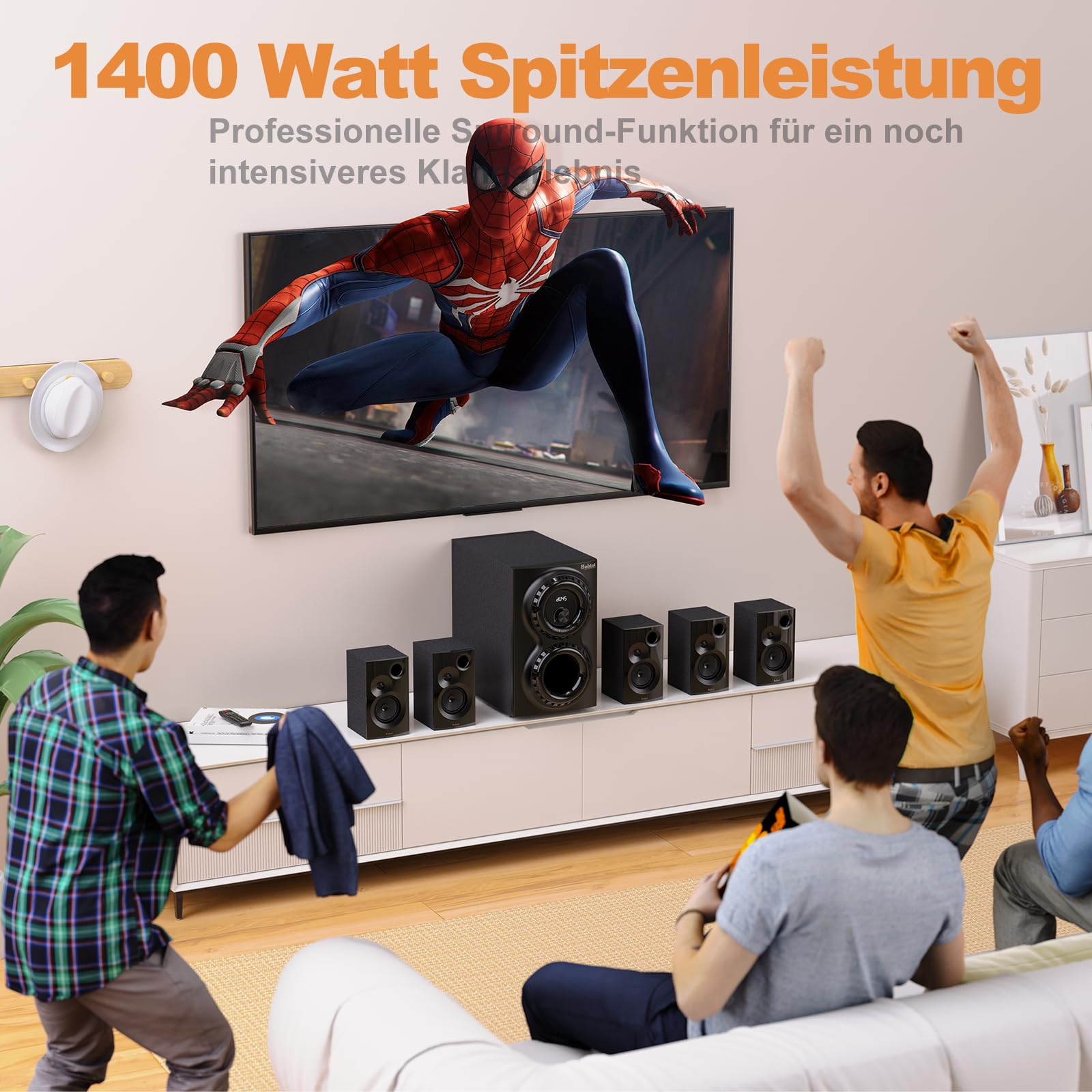 Bobtot 5.1 Soundsystem mit 1400 Watt Spitzenleistung heimkino Soundsystem mit 12-Zoll-Subwoofer, kräftigem Bass und kabelgebundenem Surround Sound System mit ARC, optischem Bluetooth-Eingang für TV