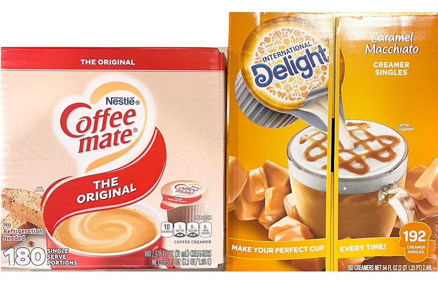 International Delight Caramel Macchiato 192 Singles AND Coffee Mate Original 180