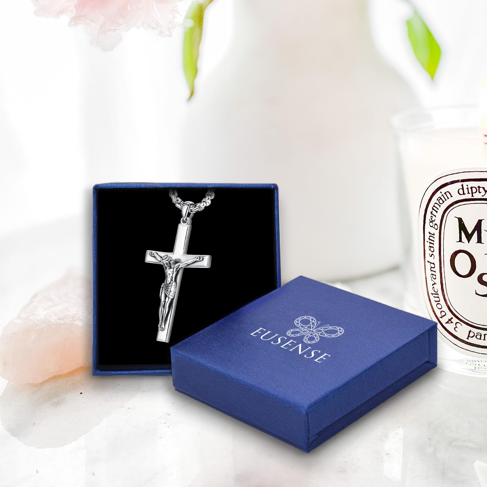 Eusense San Miguel/San Cristóbal/San Antonio/Virgen María/San Benito Crucifijo Collar Colgante Plata de Ley 925 Colgante Amuleto Joyería Regalo para Hombre Mujer
