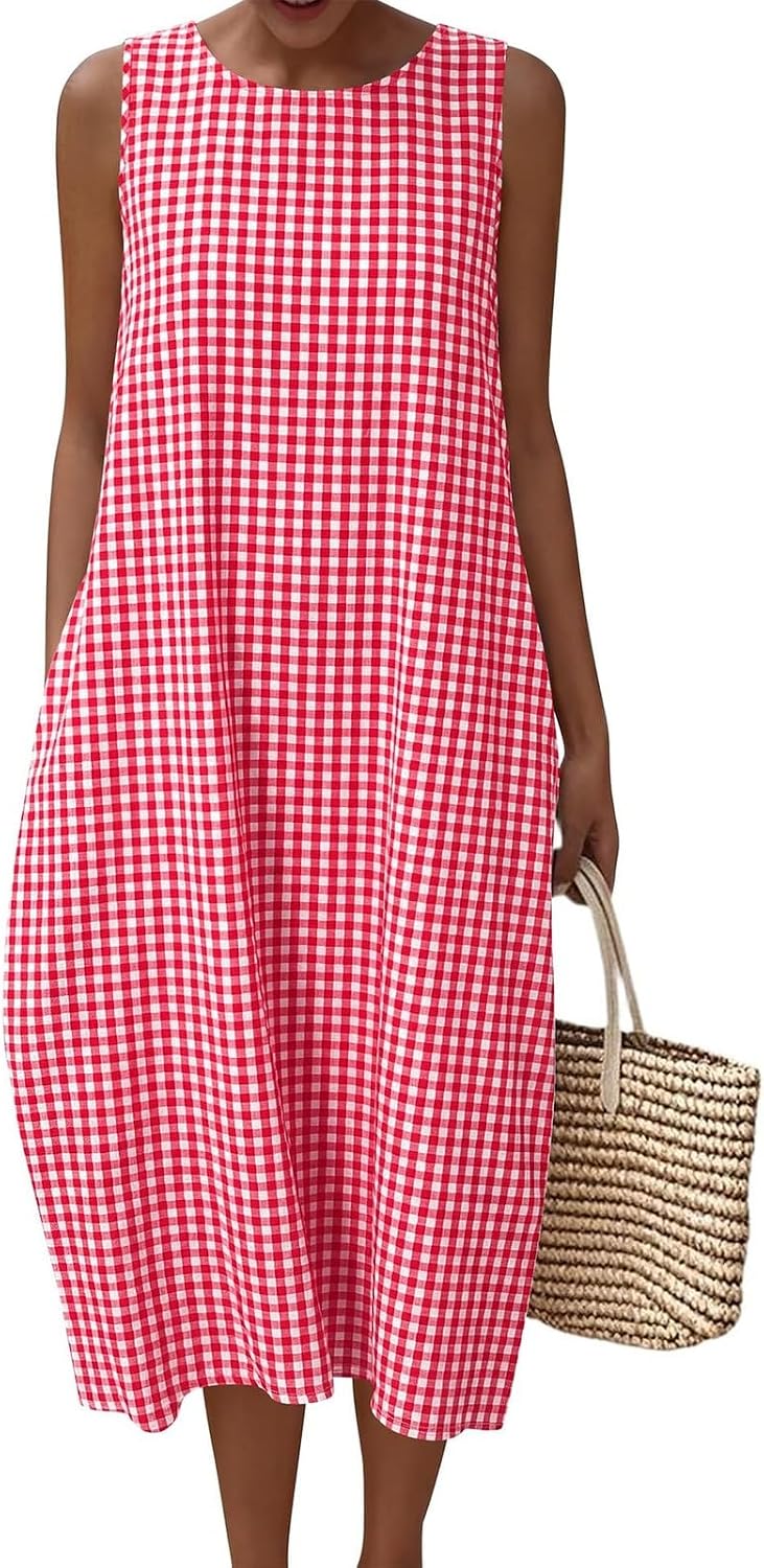 Womens Summer Maxi Dresses with Pockets | Plaid,Beach Vacation Sundresses,Casual Loose Fit Flowy Long Tank Dress,Resort Wear