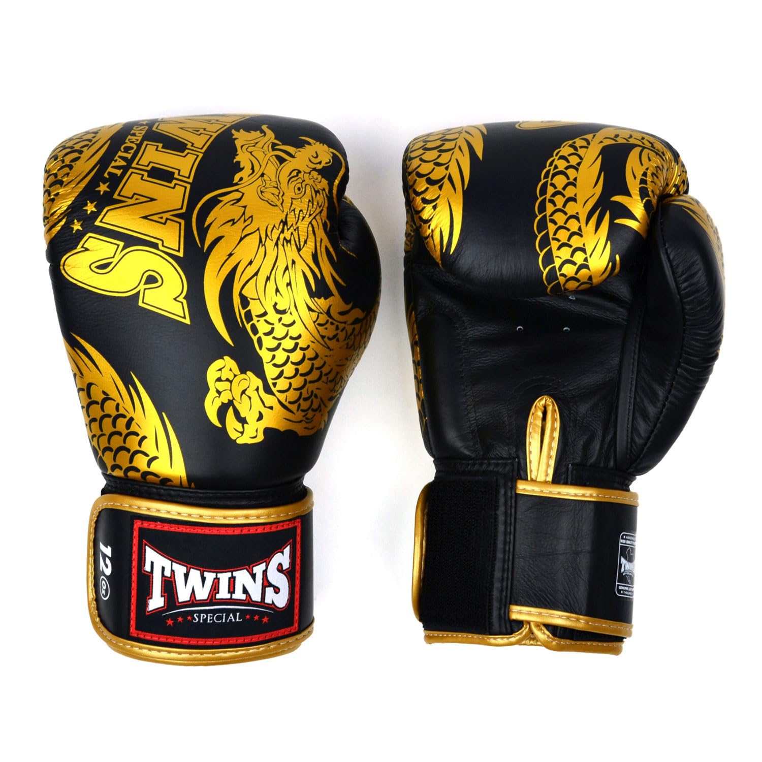 Twins Special FBGVL4 Printed Design Leather Boxing Gloves, Hook & Loop Closure, For Muay Thai, Boxing, Kickboxing & MMA Training & Sparring (Dragon Black/Gold, 14oz) — image 1