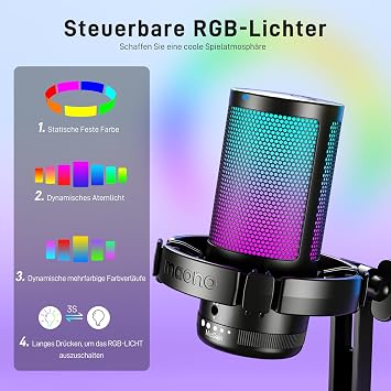 MAONO PC için USB Mikrofon, Sessiz Düğmeli RGB Oyun Mikrofonu, Gürültü Önleyici Kondenser Mikrofon, Akış, Podcast, Kayıt, Sohbet için Kazanç Topuzlu PS5/PS4/Mac, DGM20 ile Uyumlu