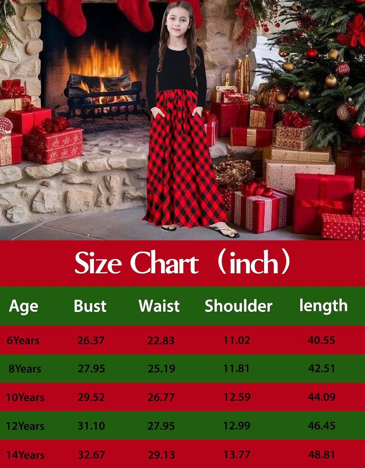 KYMIDY Girl Maxi Dress Kids Casual Buffalo Check Plaid Long Sleeve Dresses with Pockets(6-14yrs) - Image 6