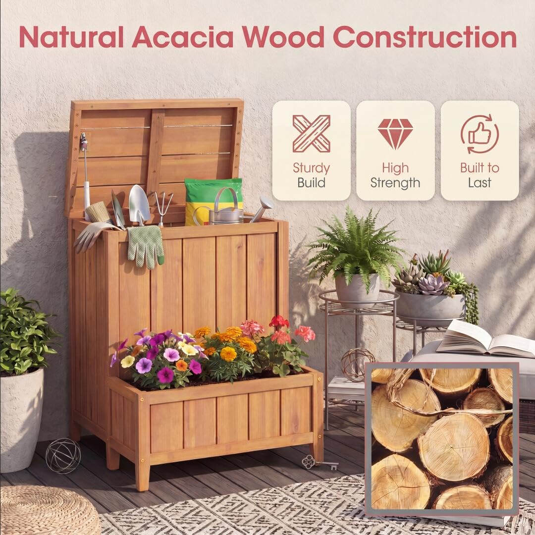 HOMASIS 2 in 1 Paketbox mit Pflanzkübel, Paketannahme mit Blumenkasten aus Holz, Auflagenbox mit Deckel & Gasdruckfeder, multifunktionale Aufbewahrungsbox für Terrasse & Garten, Natur
