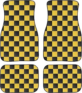 Checkered Floor Mats for Cars Universal Yellow and Black Squares Geometric Checkers Pattern Chessboard Car Floor Mats Set Front Rear Foot Carpet All Weather Fit Auto Accessories for Trucks