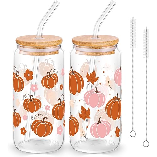 2 Pcs Fall Glasses Cups, 16 oz Pumpkin Cups Iced Coffee Tumbler Maple Leaf Glass Cup with Lids and Straws Thanksgiving Tumbler Mug, Drinking Glasses for Autumn Thanksgiving Women Men Kids Party Gift