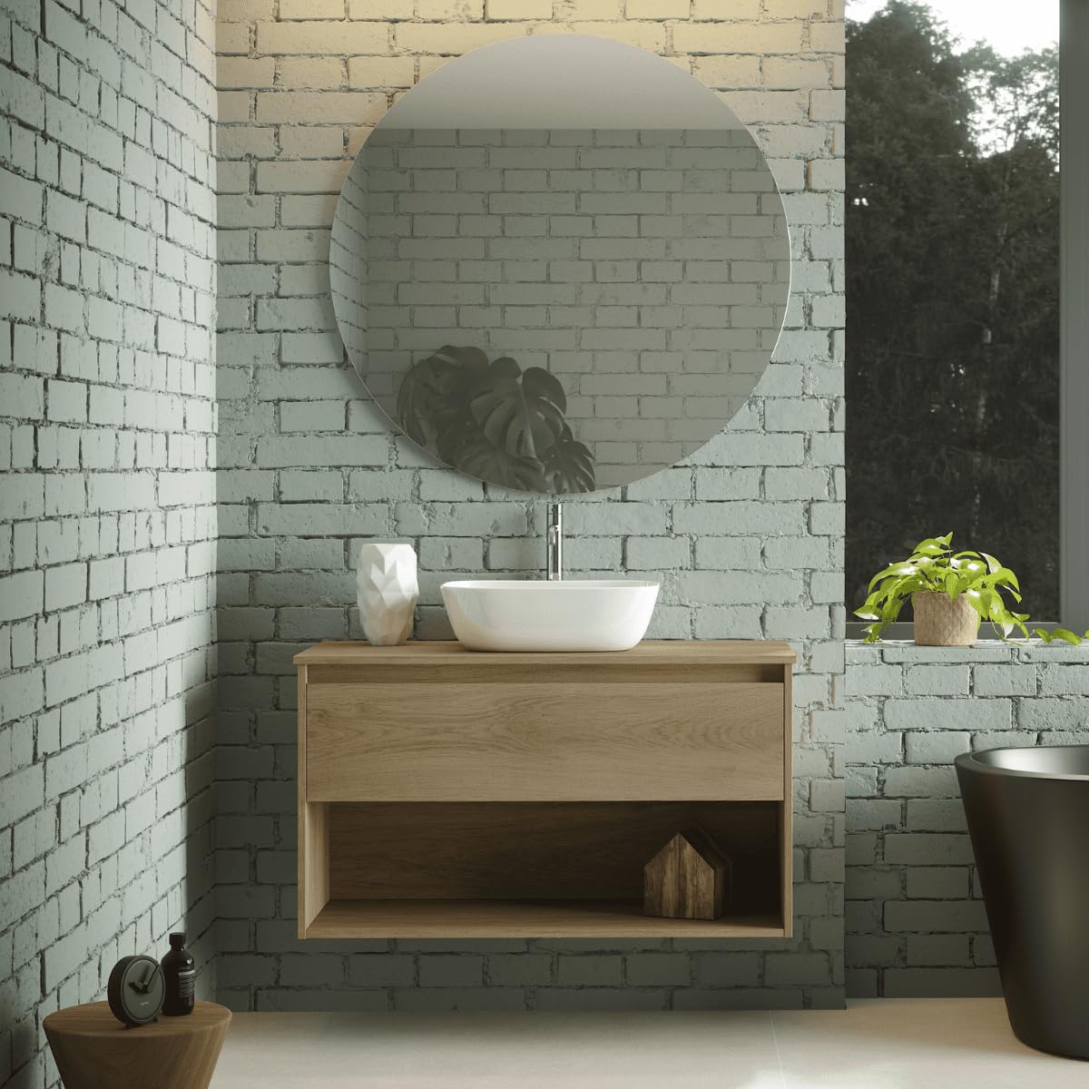 Mueble de Baño Suspendido con Lavabo Sobreponer Cerámico| Mueble Volado 1 Cajón y 1 Hueco | 60 cm Roble Natural
