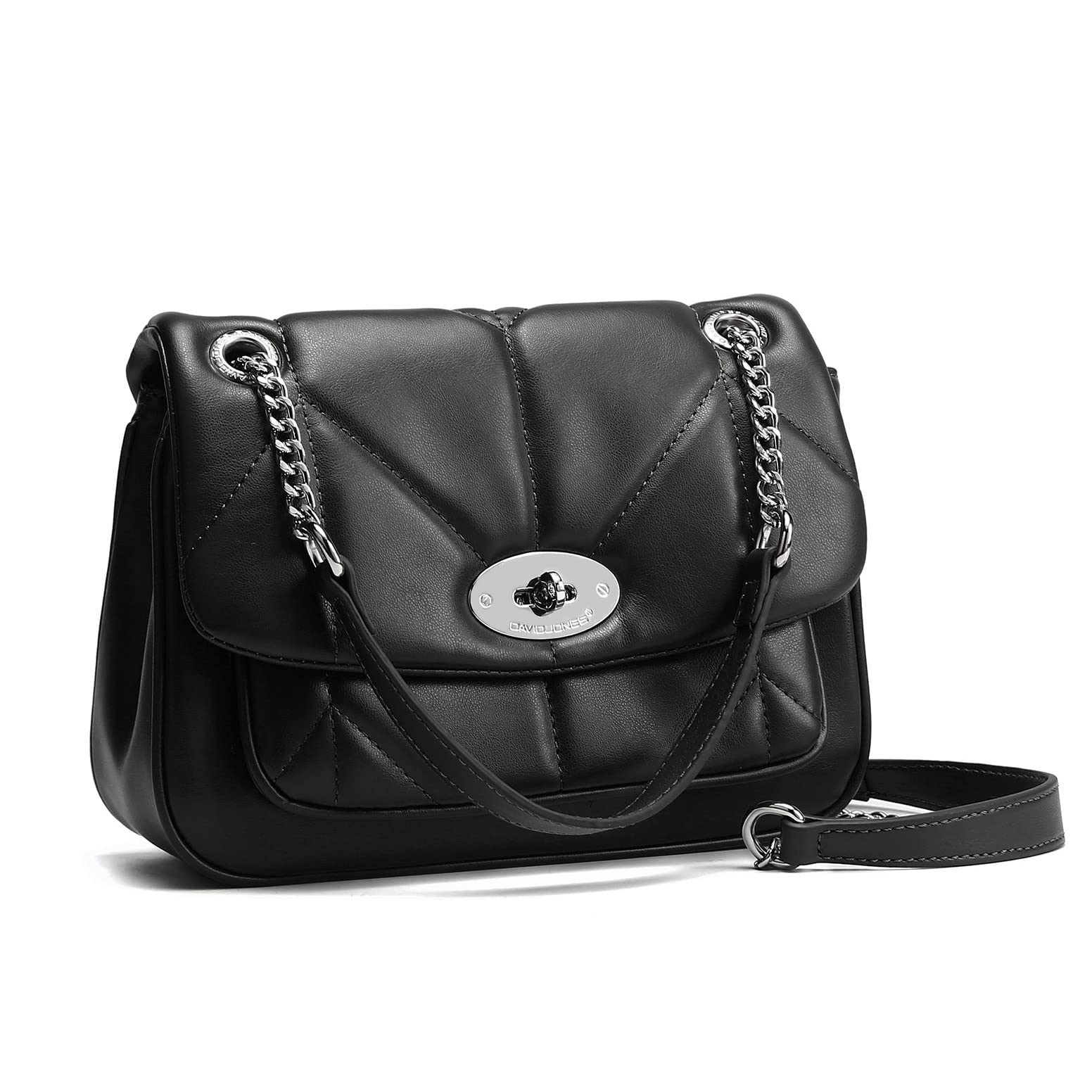 David Jones - Bolso Bandolera Acolchada Mujer - Bolso de Hombro Cruzado con Cadena Piel Sintética - Bolso de Mano Cuero PU Tamaño Mediano - Bolso Elegante con Torniquete Moda Clutch Embrague - Negro