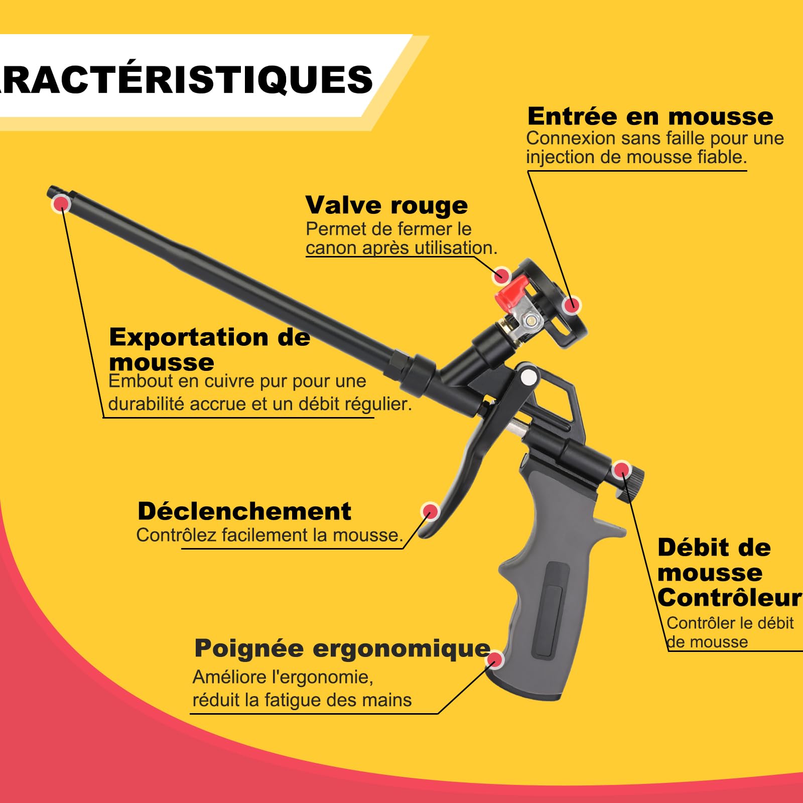 Pistolet mousse expansive professionnel en métal – Pistolet mousse PU facile à nettoyer, précis et anti-goutte, idéal pour isolation, remplissage et étanchéité (lot de 2,gris)