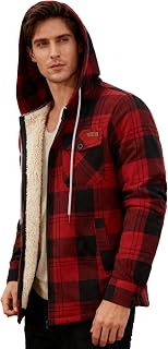 ZITY Mens Cotton Plaid Shirts Jacket Flannel Fleece Lined Hoodies Sherpa Zip Up Hoodie with Pocket