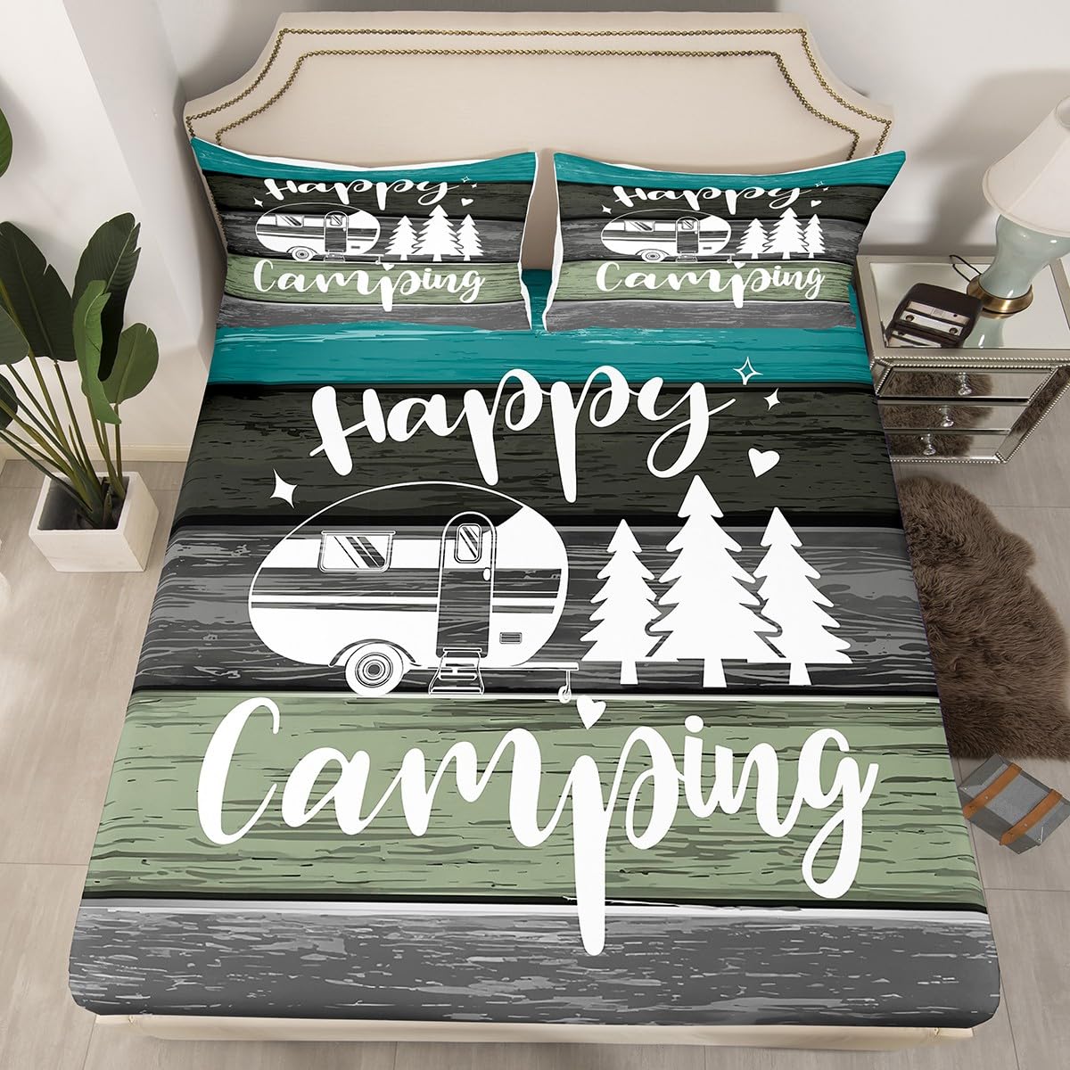 Castle Fairy Kids Camping Bed Sheet Set Twin Size,Pine Tree Drawing Design Sheet Set Kids Teens,Rustic Farmhouse Style Bedding Decor Set with 1 Flat & 1 Fitted Sheet with 1 Pillow Sham