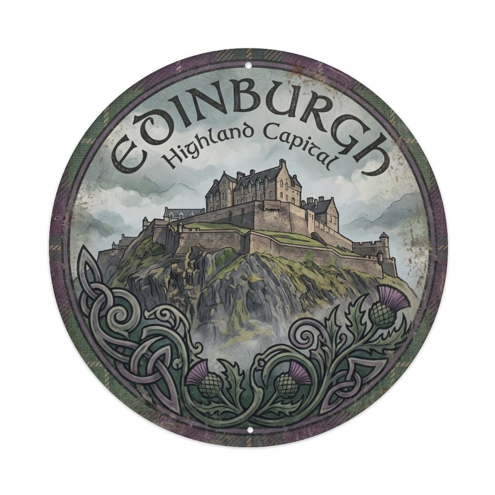 Vintage Travel Edinburgh Scotland Castle Metal Tin Sign Plaque Wall Decor for Cafe, Club Bar, Office, Home Garden Round Metal Poster 8x8Inch