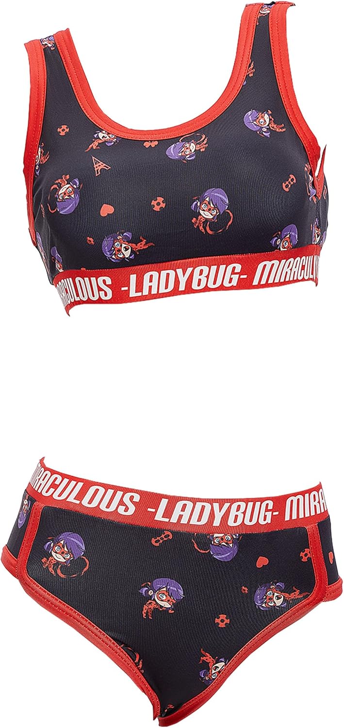 Micotaku Miraculous Ladybug Officially Licensed Women's Athletic Underwear Set Sports Bra and Shorts Set Black and Red