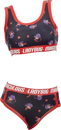 Micotaku Miraculous Ladybug Officially Licensed Womens Athletic Underwear Set Sports Bra and Shorts Set Black and Red