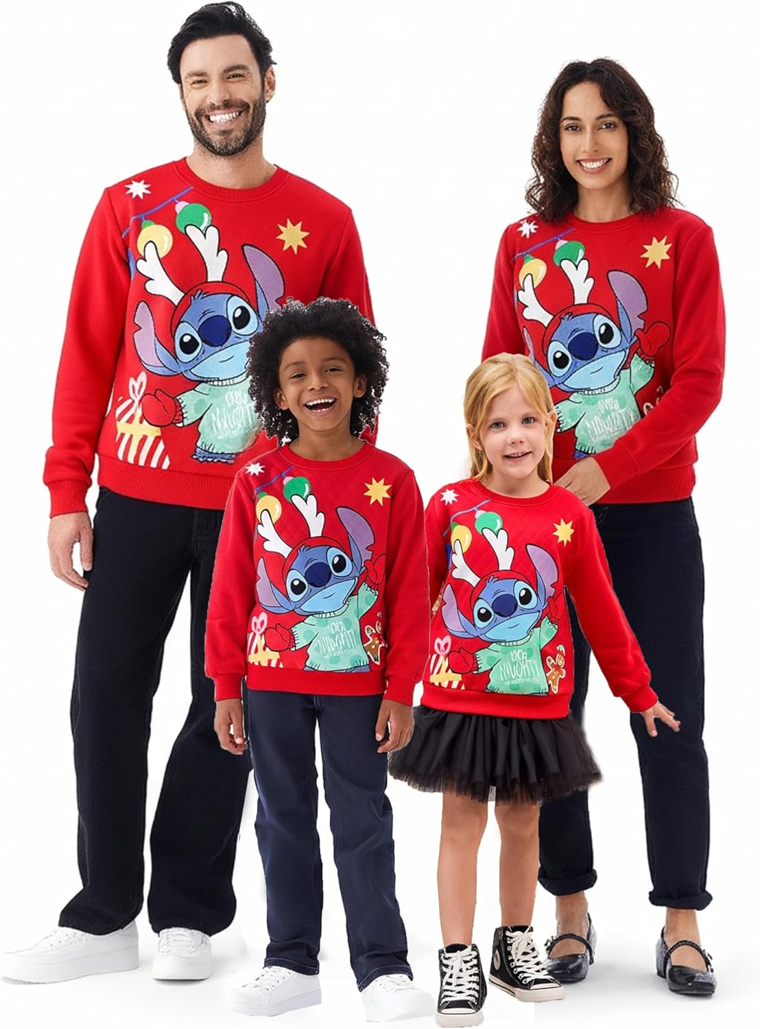 Disney family matching sweatshirt Stitch Mickey Spiderman print long sleeve winter Christmas mom dad kids loose fit red