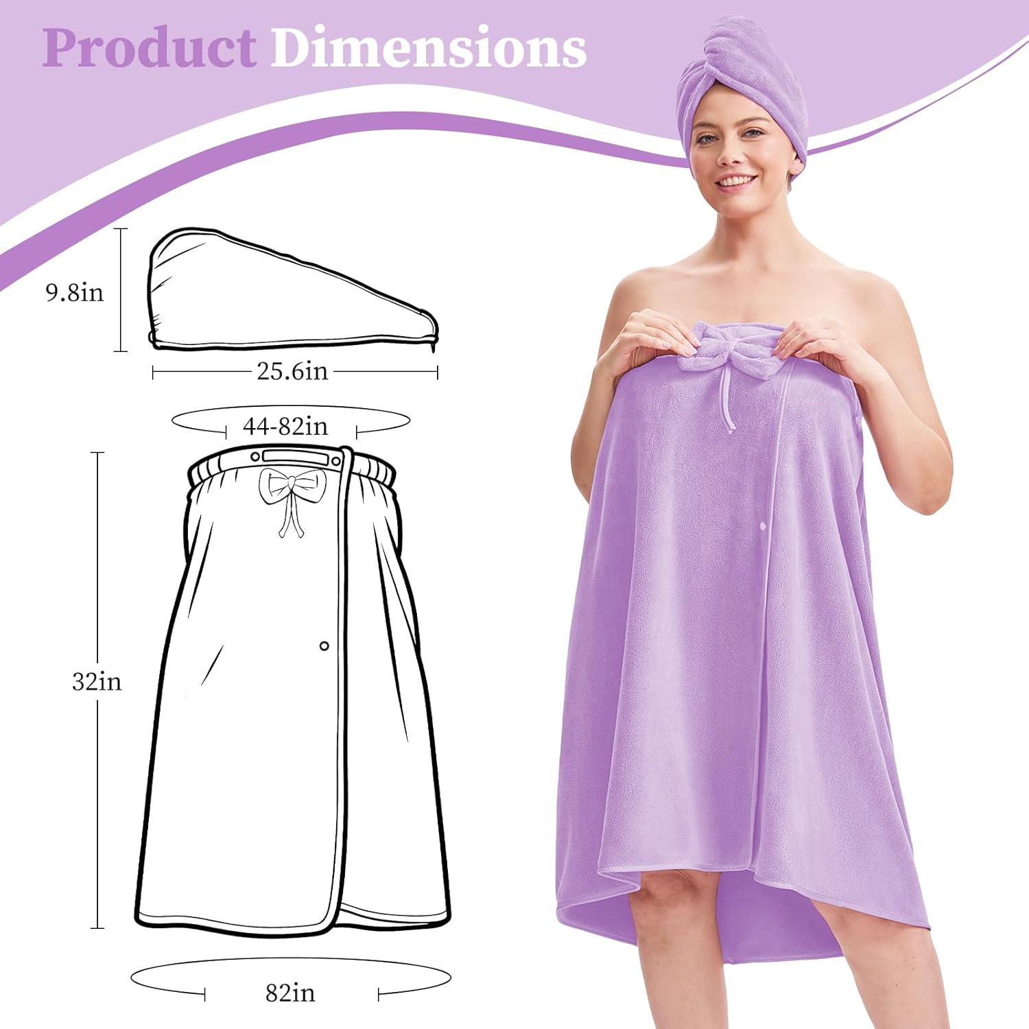Bath Towels Wrap for Women, Quick-Dry Shower Body Wrap & Hair Towel with Secure Closure (Light Purple, XXL-XXXXL)