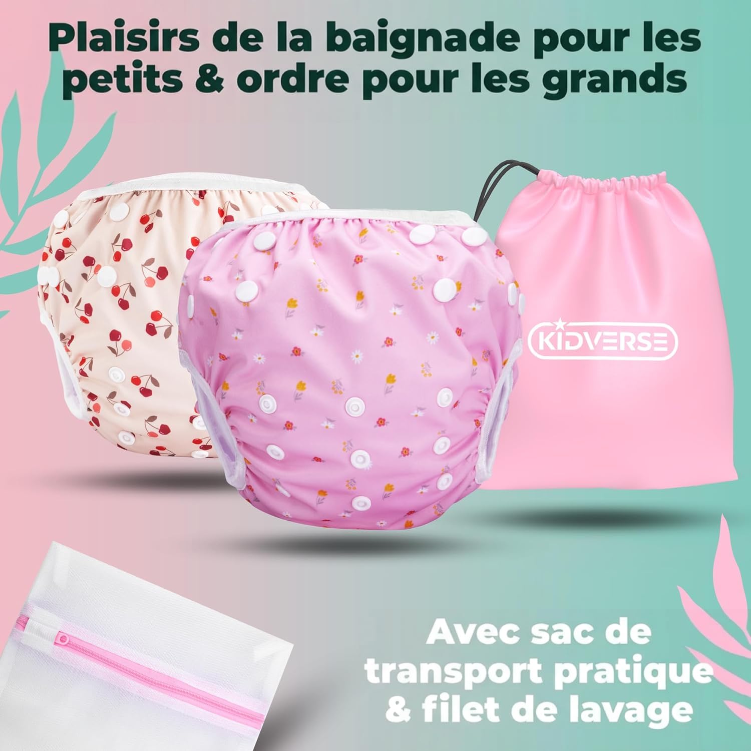 KIDVERSE 2x couche piscine bébé 0 à 3 ans - réglable, réutilisable & lavable avec pochette - pour fille & garçon - qualité certifiée - couche de bain bébé