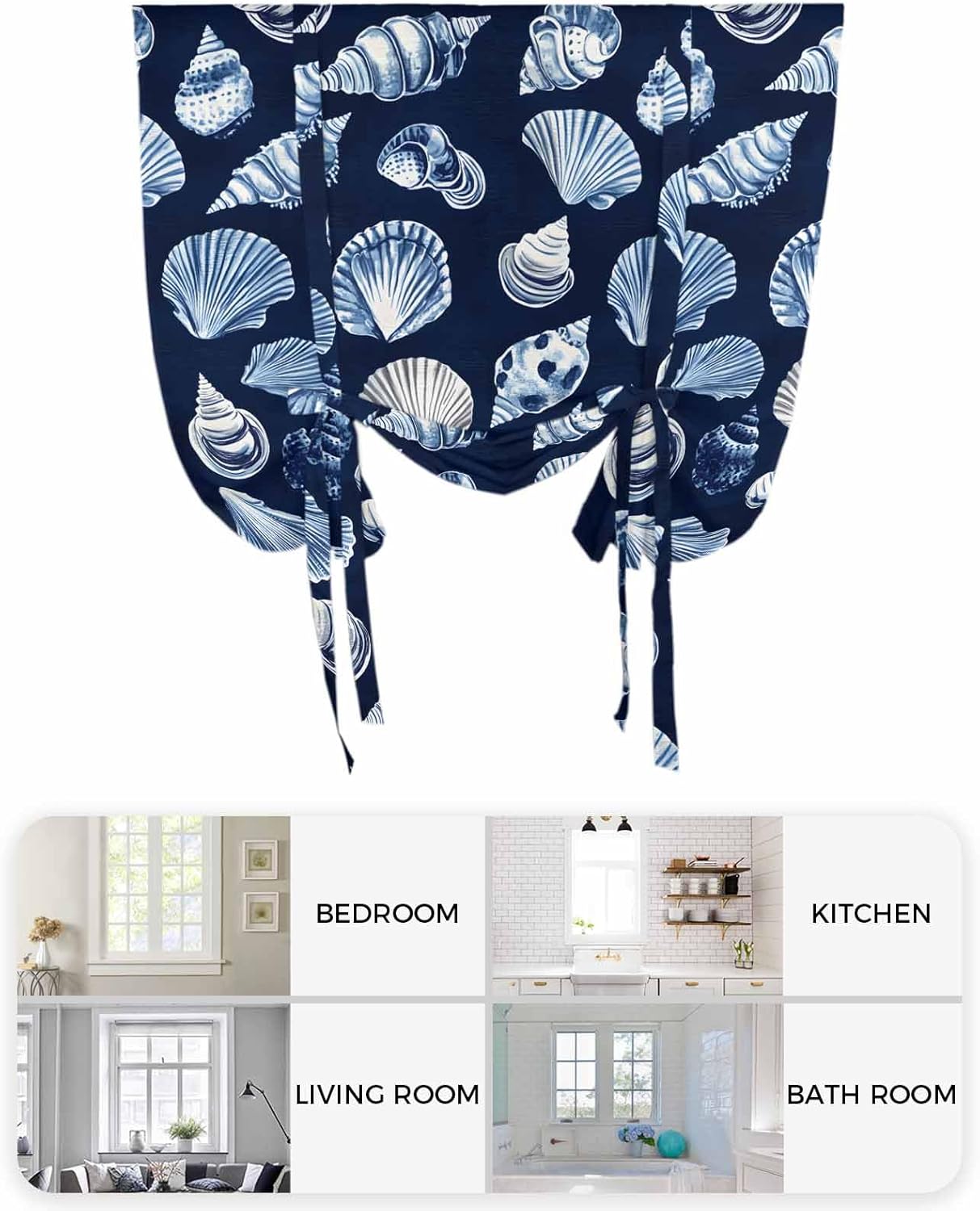 Tie Up Curtains for Windows Coastal Ocean Blue Conch Seashell on Black Rod Pocket Tie-Up Window Shade Adjustable Balloon Curtain Valance Sea Marine Life for Bedroom Kitchen Bathroom Blinds,52x63in