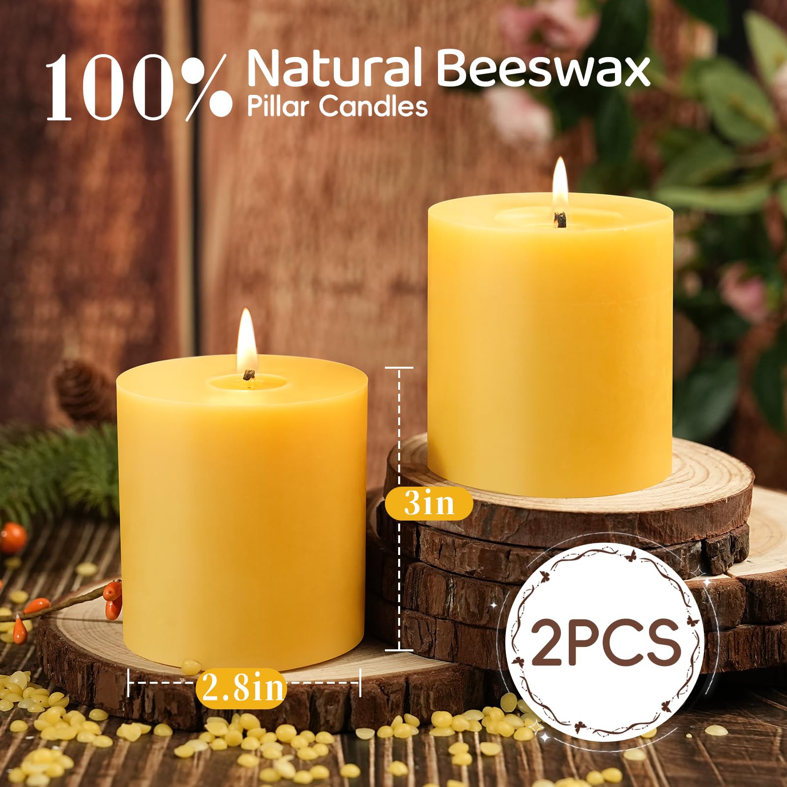 Velas de cera de abeja natural, no tóxicas, 2.8 x 3 pulgadas, paquete de 2, 90 horas de duración | Vela de cera de abejas 100 % pura, orgánica, sin perfume, sin humo, para el hogar, emergencia, oración, iglesia, cena