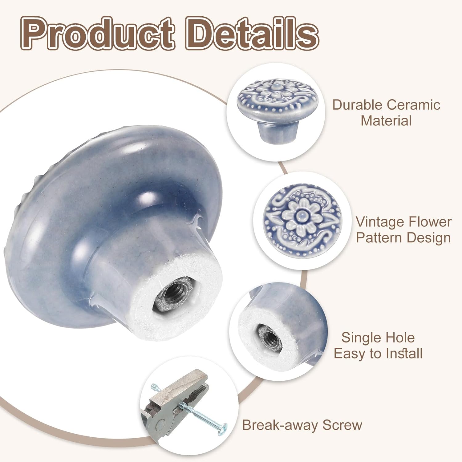 uxcell 6Pcs Ceramic Knobs, 34mm/1.34" Flower Pattern Mushroom Knob Drawer Pull Handle Vintage Wardrobe Knobs with Screws for Vanity Bedroom Furniture Closet, Gray