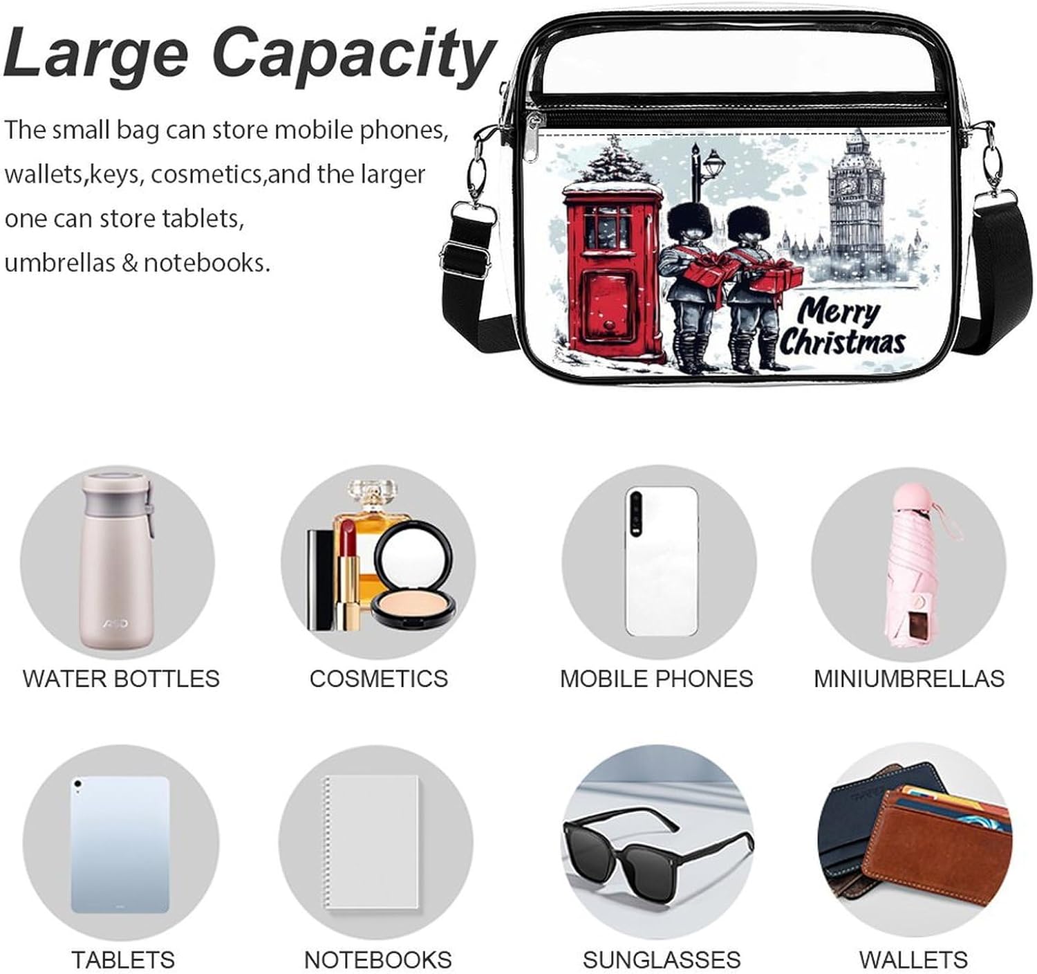 Merry Christmas England Clear Crossbody Bags Shoulder Bag Messenger Purse for Stadium Concerts Sports Events