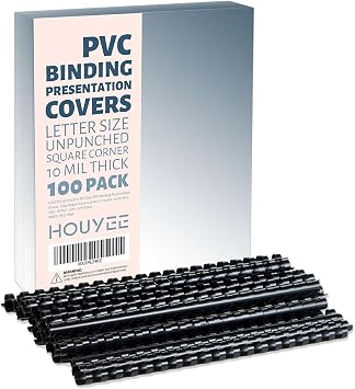 HOUYEE 100 Pack 3/8 Inch Plastic Binding Comb 19 Ring &100 Pack10 Mil Clear Binding Presentation Covers, PVC Report Cover Sheets for Binding