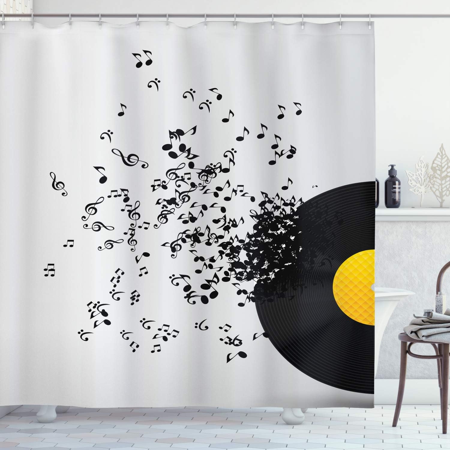Ambesonne Music Shower Curtain, Flying Music Notes Abstract Design Disc Album Dancing Nightclub Print, Cloth Fabric Bathroom Decor Set with Hooks, 69" W x 70" L, Yellow Black Ivory
