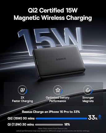 Baseus Picogo Magsafe Portable Charger, Qi2 15W 0.5 Ultra Slim 10000mAh Wireless Power Bank, 27W Fast Charging Magnetic Battery Pack with USB-C for iPhone 17 Pro Max/17 Pro/Air/16/15/14/13/12