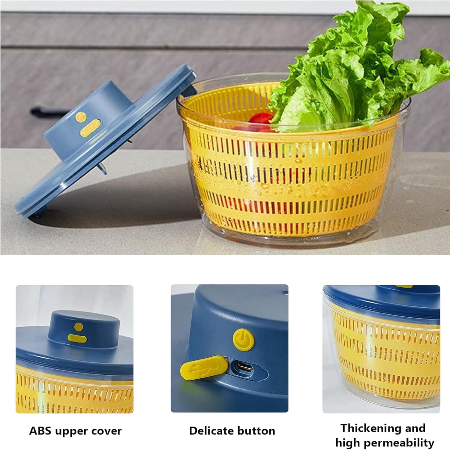 Electric Lettuce Spinner, Automatic Rotary Vegetable Washer, 4L Large Capacity and Double-Layer Design, USB Rechargeable, for Home Kitchen Washing & Drying Leafy