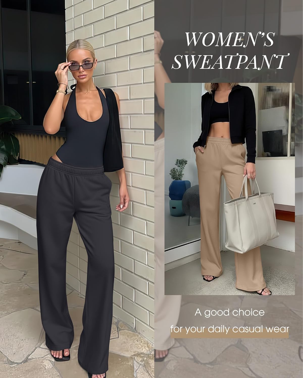 3 Pack Women's Wide Leg Sweatpants Interior Drawstring Baggy Sweatpant High Waisted Casual Jogger Pant with Pocket - Image 3