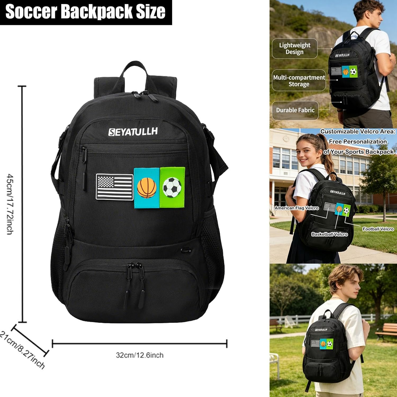 Soccer Backpack with Shoe and Ball Compartment with Velcro - 3 Flag Patches | 3 Bonus Patche - USA Flag Soccer Basketball Logo Boys and Girls Sports Bag for Size 5 to 7 Football Basketball Volleyball