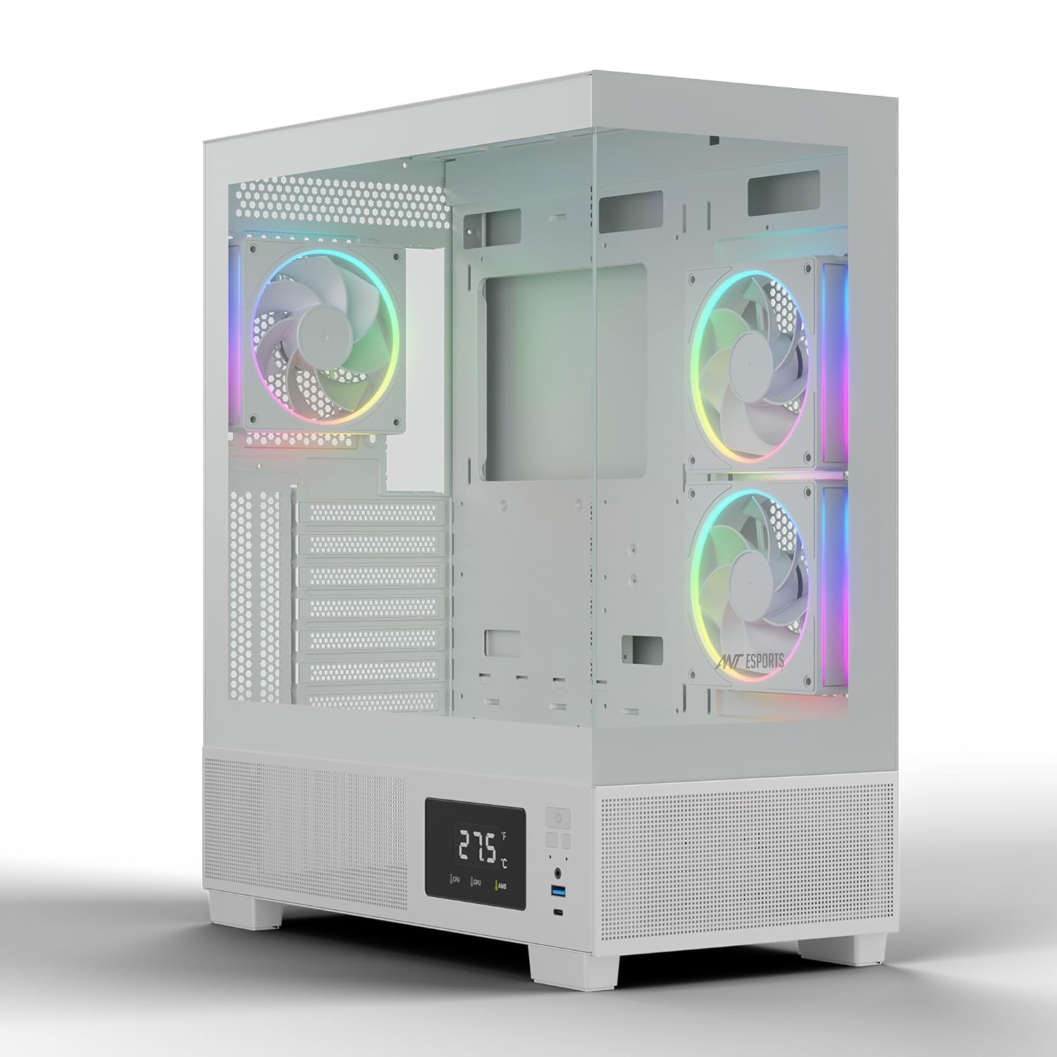 Ant Esports Crystal X3 LCD Mid-Tower Computer Case/Gaming Cabinet – White | Support ATX, Micro-ATX, Mini-ITX | Pre-Installed 3 ARGB Fans