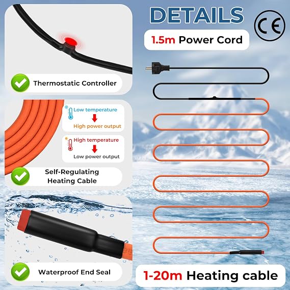 Heizkabel mit Thermostat BDDFOTO 25 W/m Selbstregulierendes Heizband Frostschutz Heizdraht IP65 Wasserdicht Zum Schutz von Wasserleitungen Dachrinnen und Weidetränken 10 m
