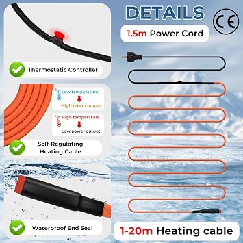 Heizkabel mit Thermostat BDDFOTO 25 W/m Selbstregulierendes Heizband Frostschutz Heizdraht IP65 Wasserdicht Zum Schutz von Wasserleitungen Dachrinnen und Weidetränken 10 m