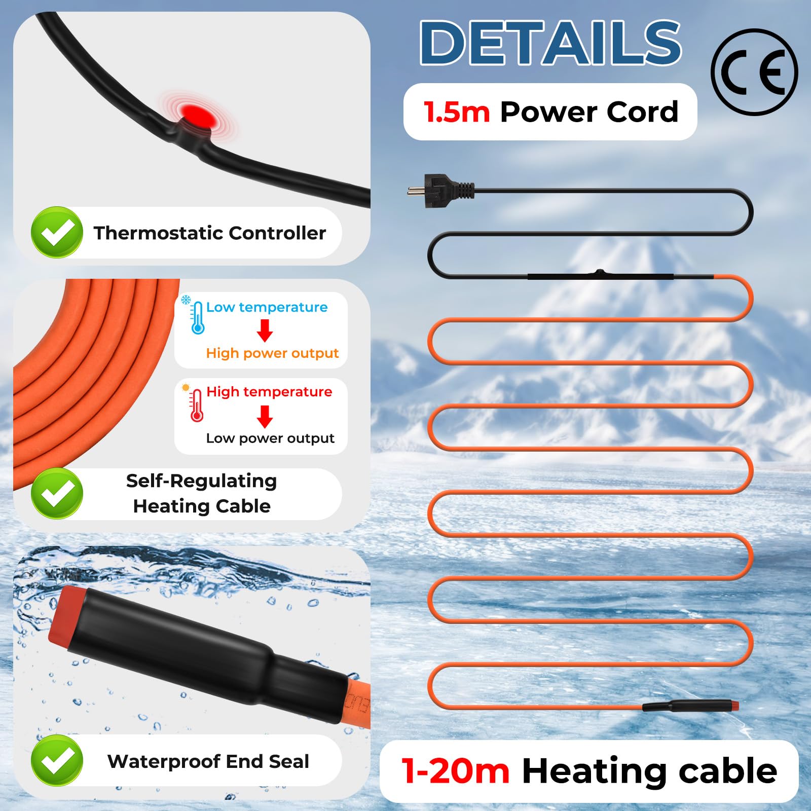 Cavo Scaldante Antigelo BDDFOTO 25 W/m, Per Grondaie e Pluviali, Con Sensore di Temperatura, 4 m