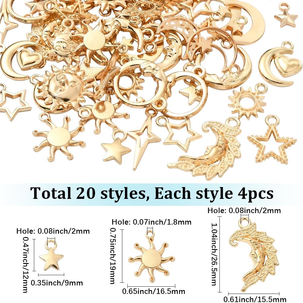 SUNNYCLUE 1 Box 80Pcs 20 Styles Celestial Theme Charms Gold Planet Charm Bulk Metal Alloy Vintage Assorted Moon Sun Star Pendants for Jewelry Making Bracelets Necklace Earring DIY Crafts Supplies - Image 2