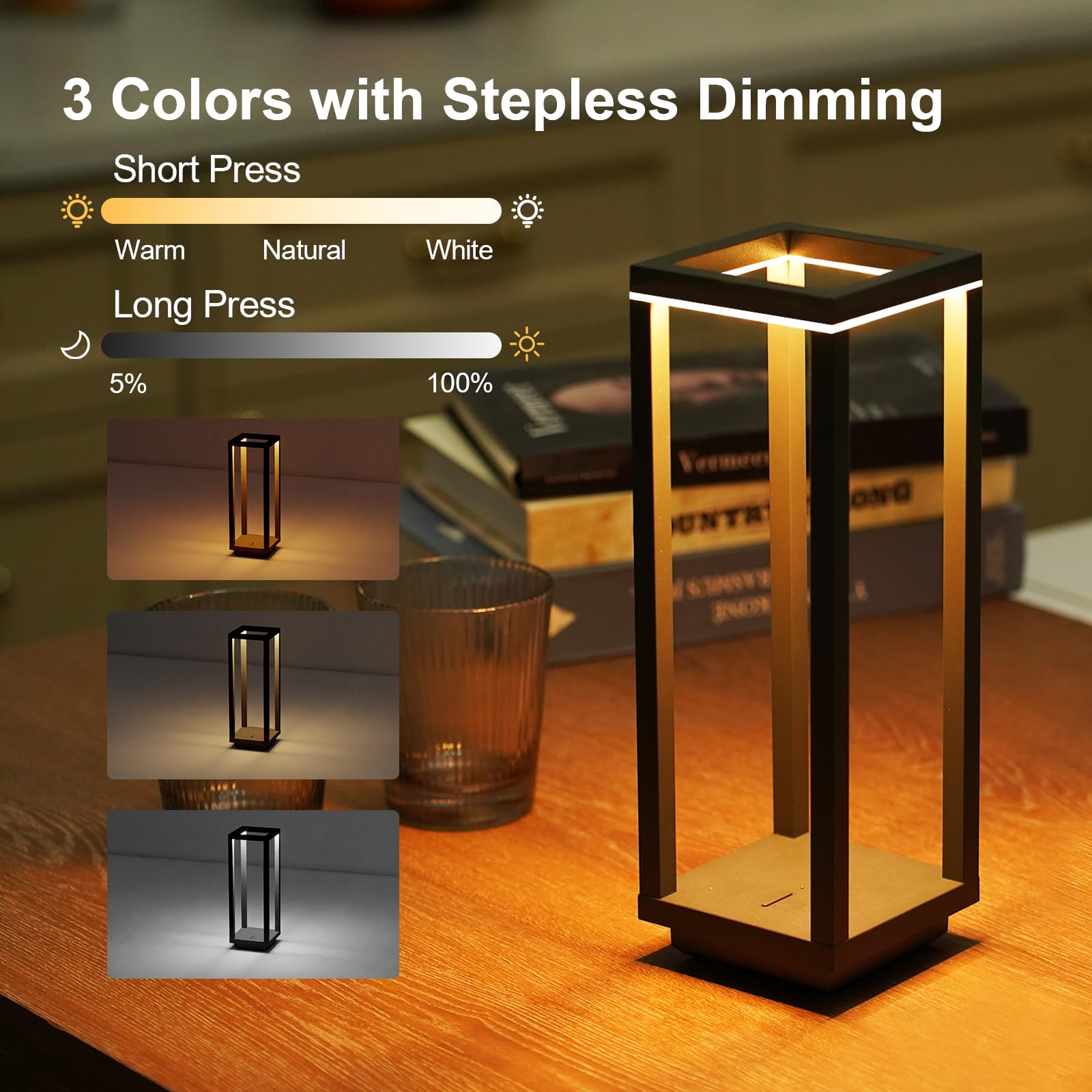 Kabellose Tischlampe, IP55 wasserdicht, 60 Stunden Laufzeit, wiederaufladbare Outdoor-Tischlampe, 3 Farben, stufenloses Dimmen, tragbare batteriebetriebene Tischlampe für Abendessen