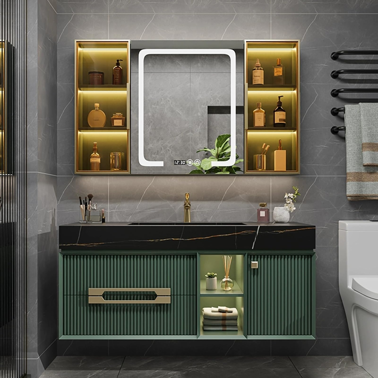 Mueble De Baño con Cajones, Lavabo Y Espejo, Mueble De Baño Suspendido con Lavabo CerámicosGreen,140cm/55in