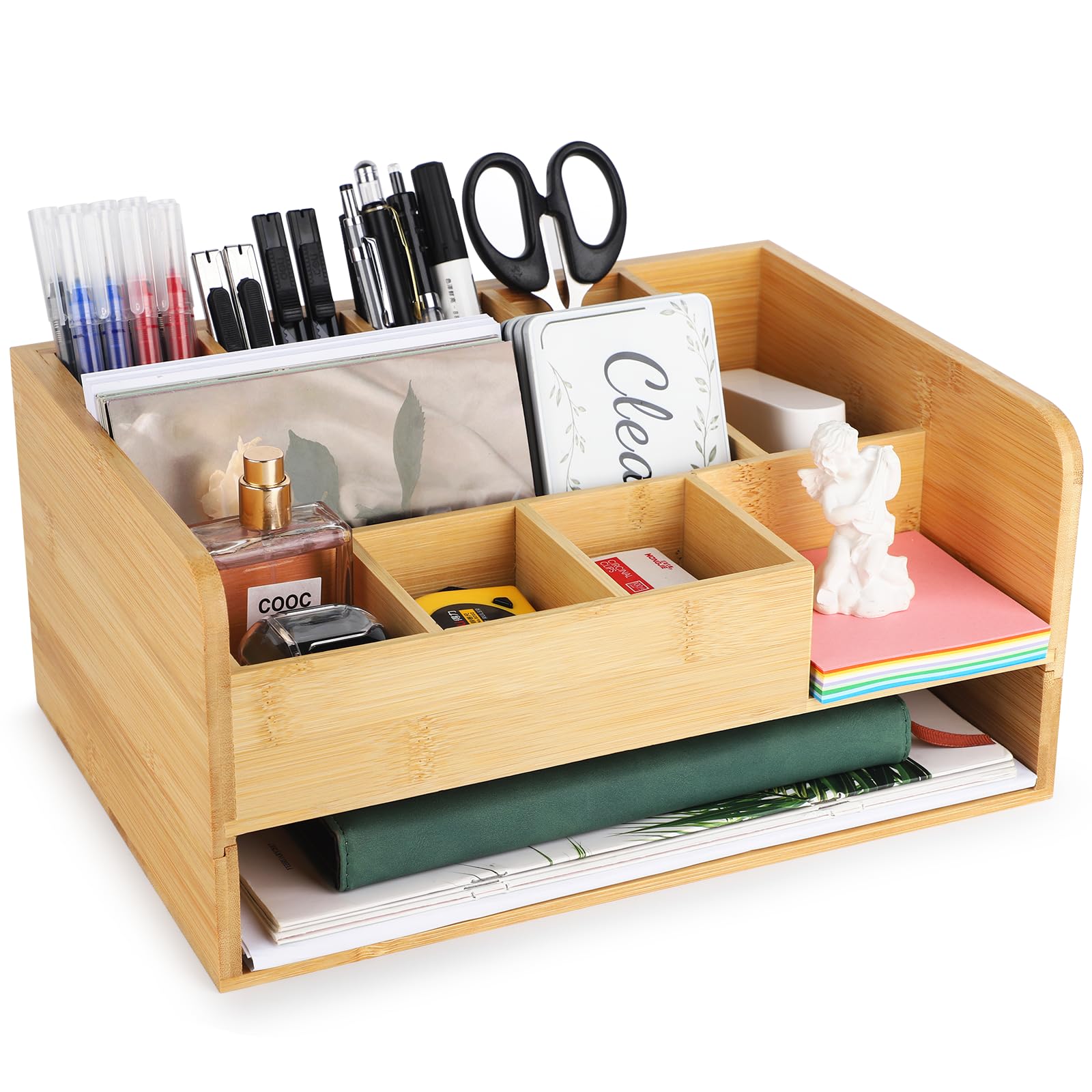 Cinnani Organizador Escritorio de bambú, 11 Compartimentos Organizador de Escritorio de Gran Capacidad, Organizador Escritorio Madera Multifuncional 31.5 * 22.3 * 14.5CM