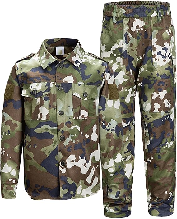 QIYUANT Kinderen Outdoor Tactische Kleding Camo Shirt & Broek Sets Airsoft Militaire Camouflage Lente Zomer Herfst Wandelen Jagen Kamperen Gevecht voor Jongens Meisjes, 150
