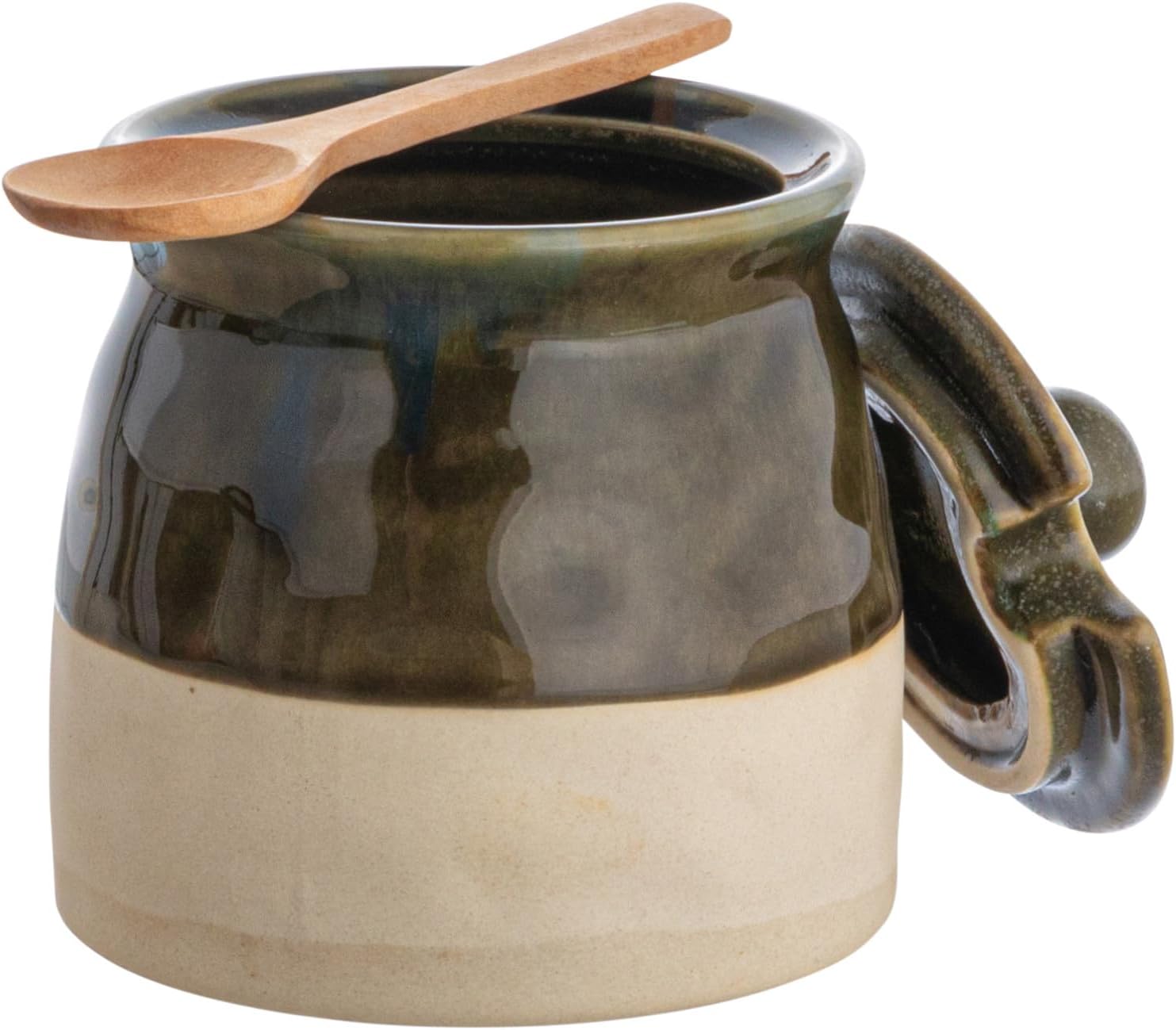 Creative Co-Op Black Stoneware Sugar Pot with Lid and Wood Spoon (Pack of 2)