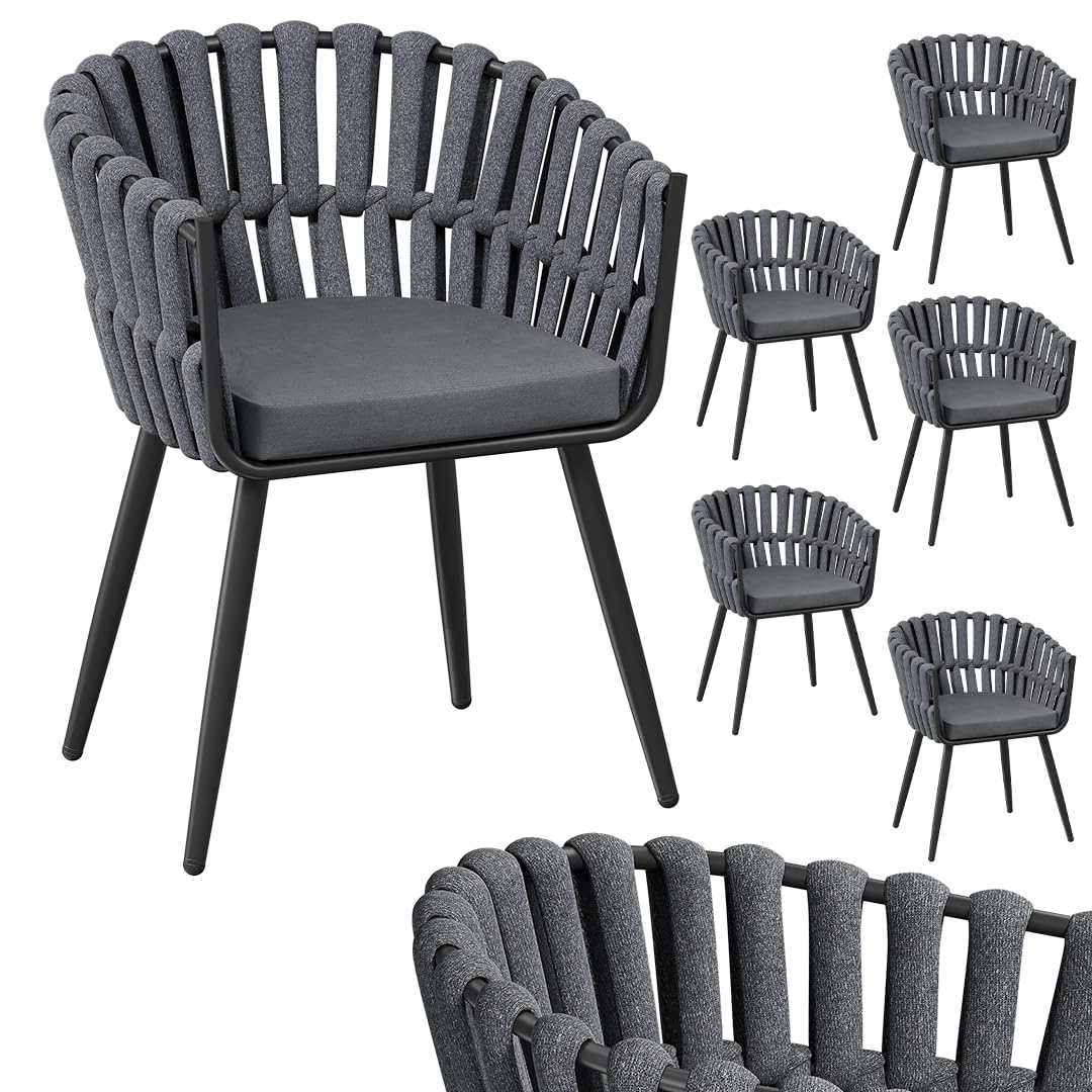 STEELSØN Tarian Gartenstühle im Rope Design – Stühle 6er Set mit Sitzkissen – Loungesessel Indoor/Outdoor – aus Kunststoffgeflecht & Dicke Sitzpolster Garten/Terrasse/Balkon – Stahlgestell dunkelgrau