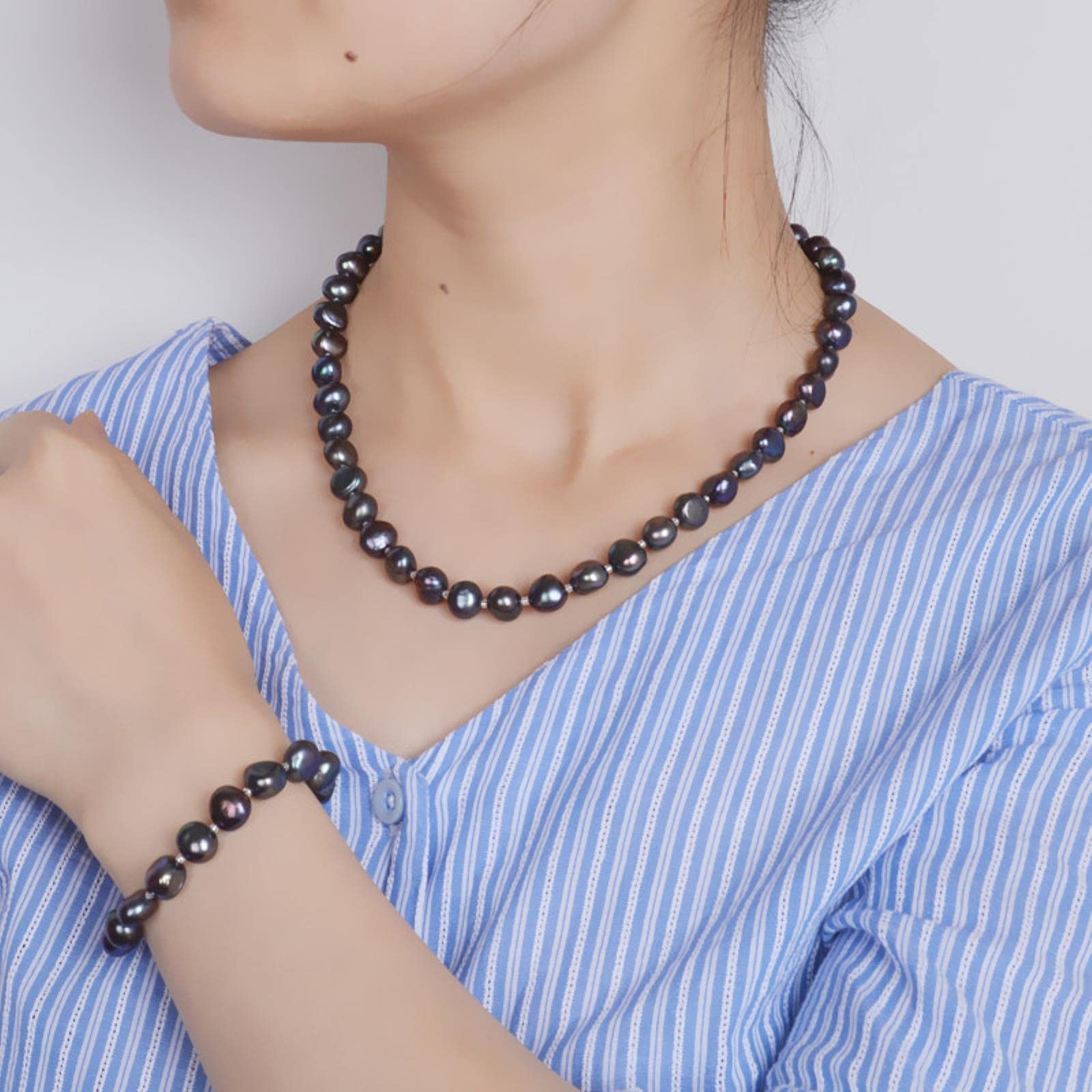 SALAN Echte Natürliche Barocke Perlenschmuck-Sets Gary Black Halskette Armband Für Frauen Neu 45cm