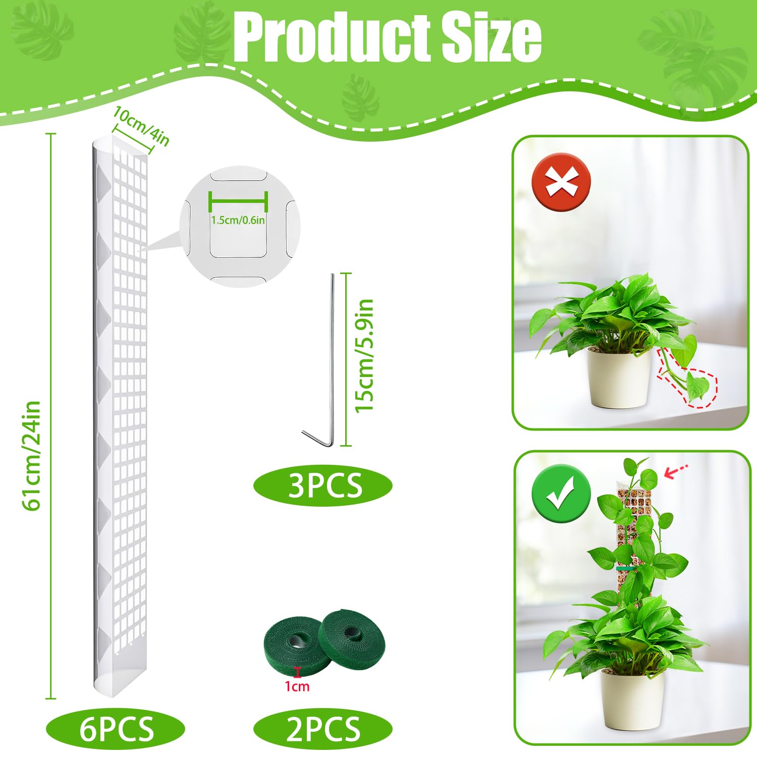 6 PiezasTutor Musgo, Tutores para Plantas Trepadoras, Moss Pole 60cm, Palo Musgo Plantas para Extensión de Soporte para Enredaderas e Monstera