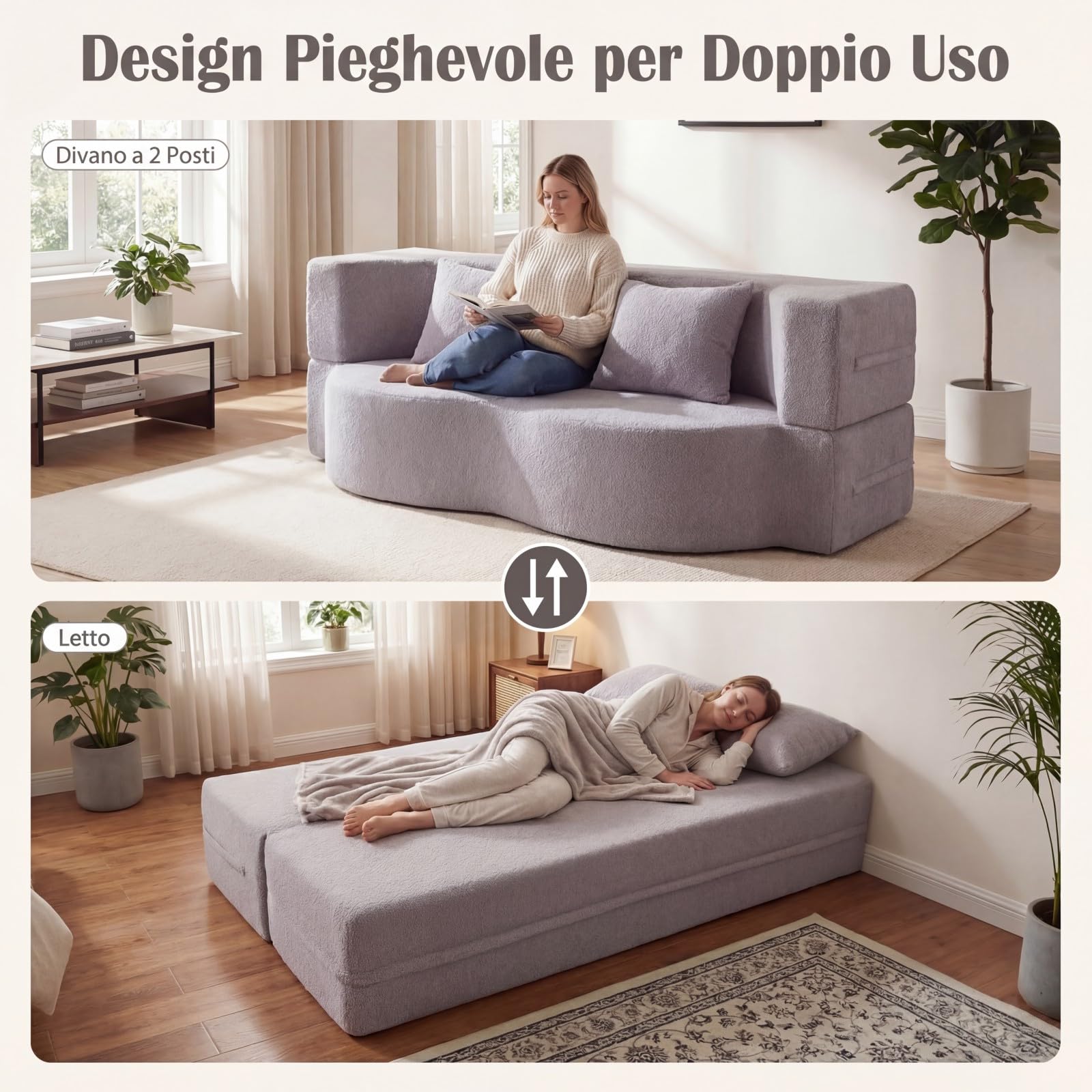 COSTWAY 2 in 1 Divano Letto Pieghevole, Divano a 2 Posti in Pile Teddy con 2 Cuscini Comodi, Nessun Montaggio, Divanetto Convertible Moderno per Soggiorno Camera Ospiti, 192,5x84x62 cm (Grigio)