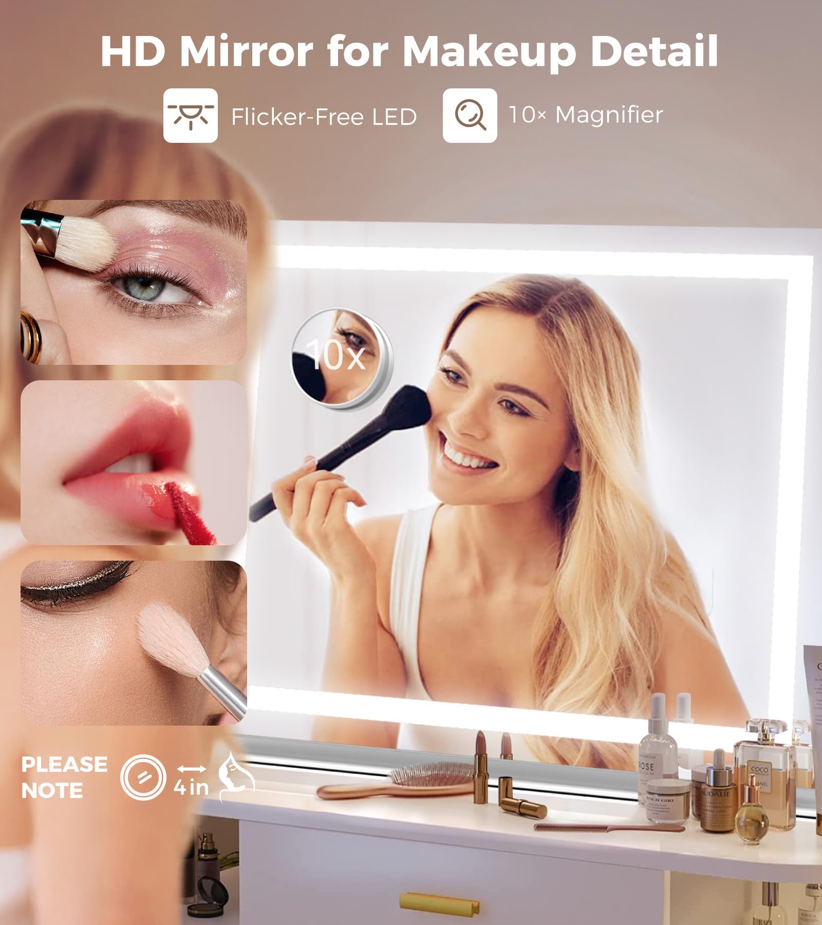 Saliwa Espejo de tocador con luces, espejo de maquillaje iluminado con 3 modos, espejo de aumento 10X, brillo continuo, rotación de 360°, regalos de Navidad y San Valentín para mujeres, hija, mamá