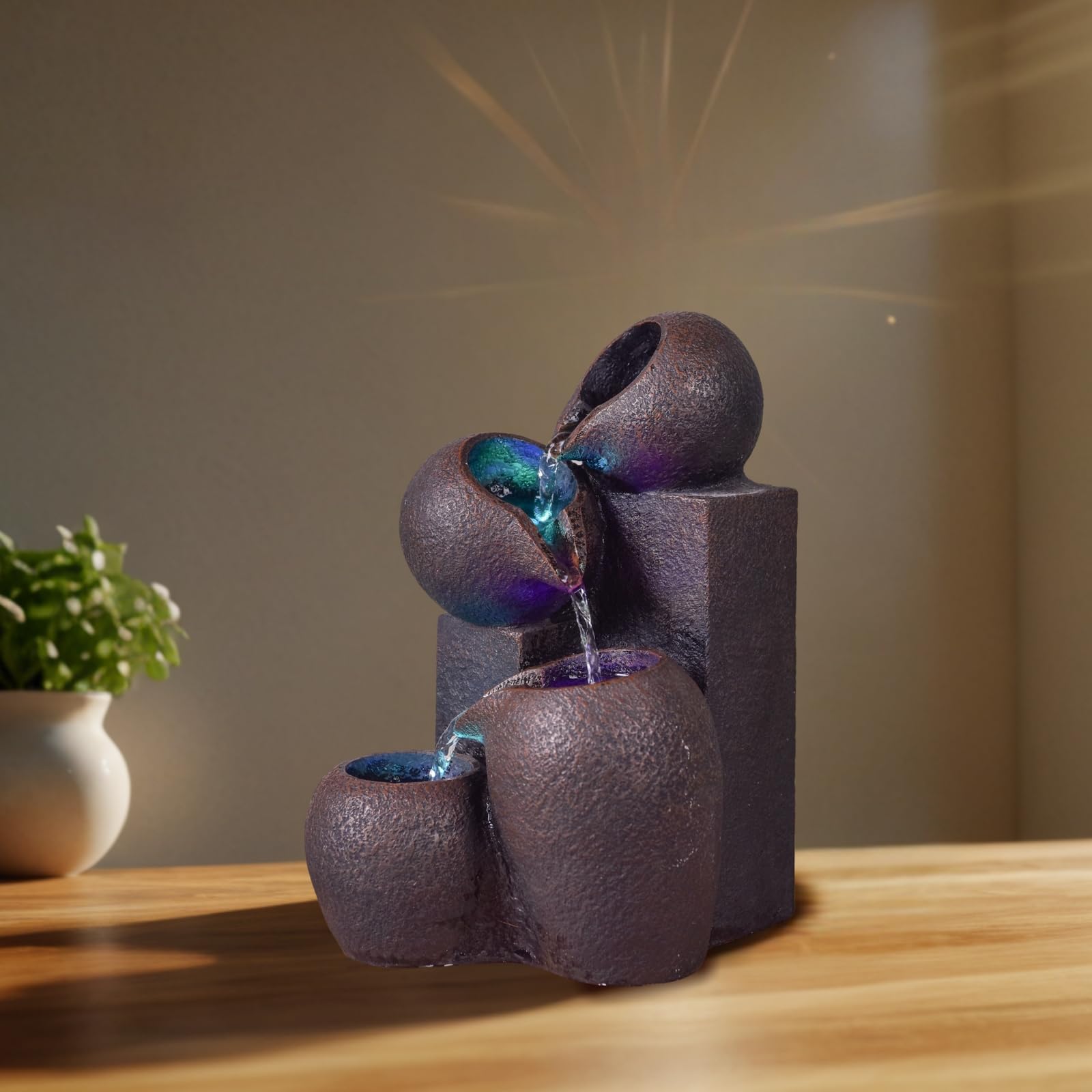Fontaine d’Intérieur Cascade 4 Niveaux Jarre Effet Pierre Naturelle Lumière LED Coloré, Déco d’intérieur Zen et Élégant, Fontaine de Table, Idée Cadeau Exceptionnelle, H 25cm – Luba Zen’Light