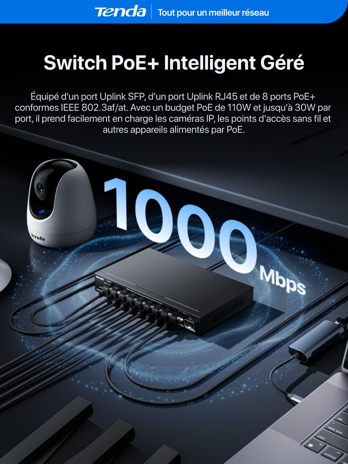 Tenda Switch PoE Gigabit Manageable 8 Ports avec RJ45 Uplink et SFP, 110W