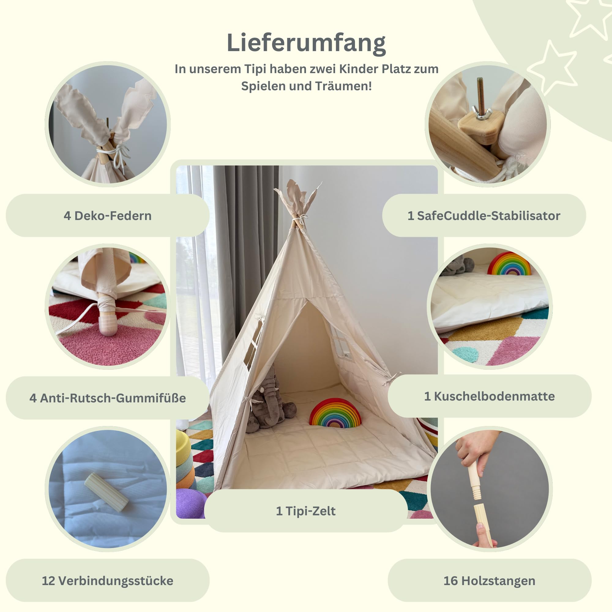 Tipi Zelt für Kinder (Sandburgen Beige) – Spielzelt aus Silky Cotton & Holz inkl. Kuschelmatte, Tragetasche & SafeCuddle Stabilisator | Tippi Kinderzelt Indoor für das Kinderzimmer