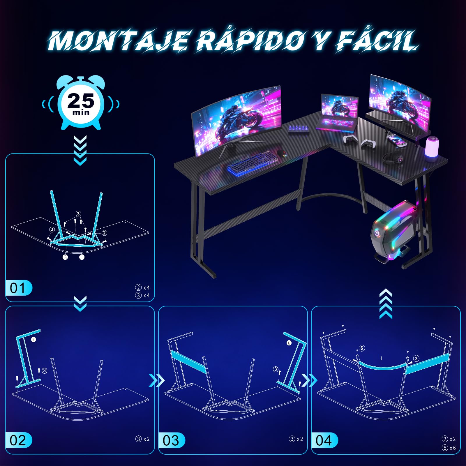JUMMICO Escritorio Gaming de Esquina 170 x 130cm, Mesa Gaming en L con Soporte para Monitor, Mesa Gamer de Fibra de Carbono, Negro